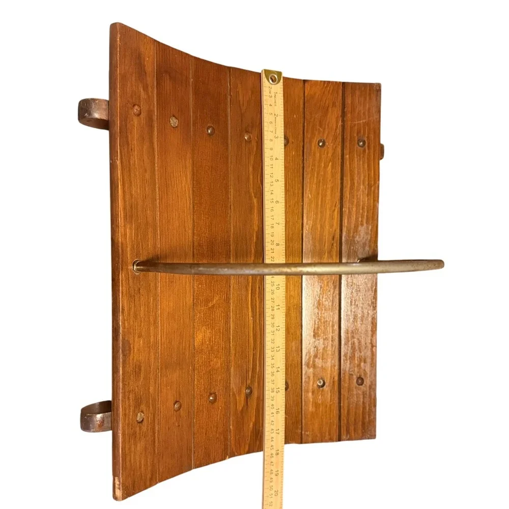 Vintage Curved Wood Magazine Rack Brass Handle Mid Century Modern